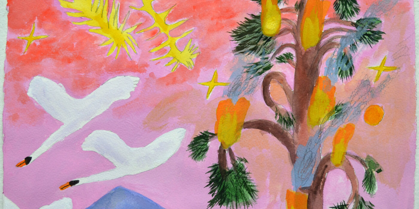 Emma Thomasin maalaus, jossa palava puu, lentäviä joutsenia ja itkevä vuori