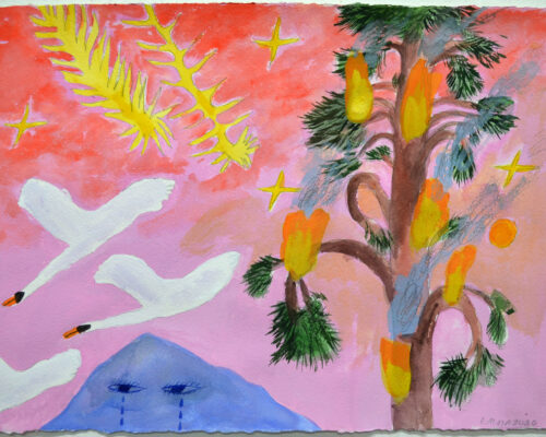 Emma Thomasin maalaus, jossa palava puu, lentäviä joutsenia ja itkevä vuori