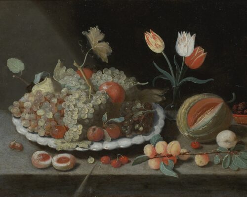 Still life with grapes and other fruit on a platter, a glass vase with tulips, a melon, apricots, cherries and other fruits, all on a ledge